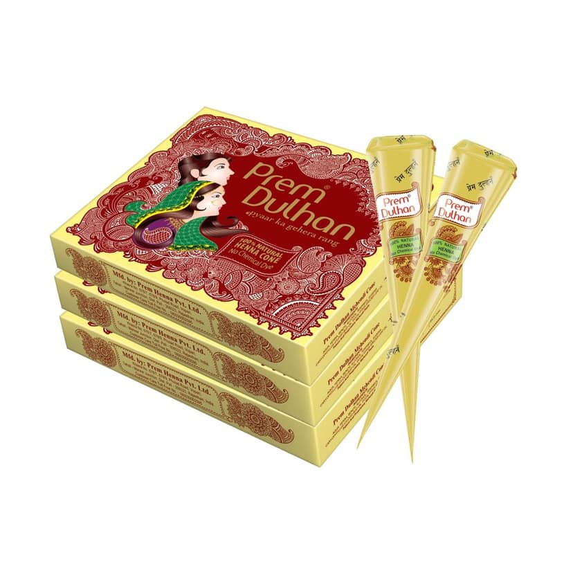 Prem Dulhan Natural Henna Mehandi Cones 12 Pcs Box, Brown Mehendi Cones, for Bridal and Festivals, Easy Application, Yellow box view 7