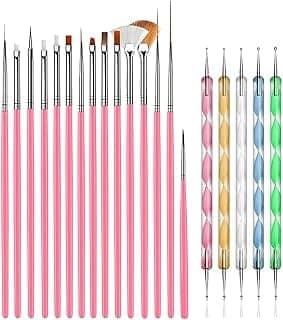 THR3E STROKES 20 pcs Nail Art Brushes, Nail Art Design Painting and Drawing UV Polish Brush Tool Kit, 15 pcs Nail Art Brushes Kit with 5 pcs Nail Dotting Pens, Multicolored 15 PCS BRUSH + 5PCS DOTTING TOOLS)