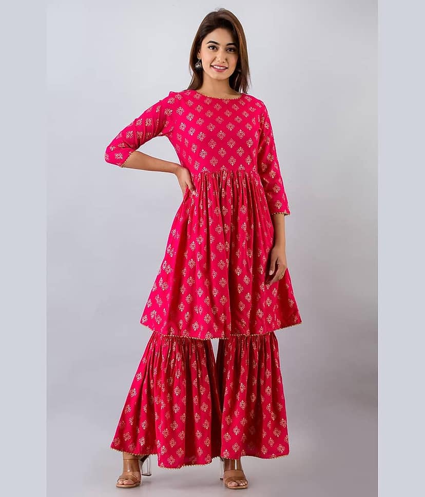 SAART BUNAAI Rayon Kurti With Sharara And Gharara - Stitched Suit