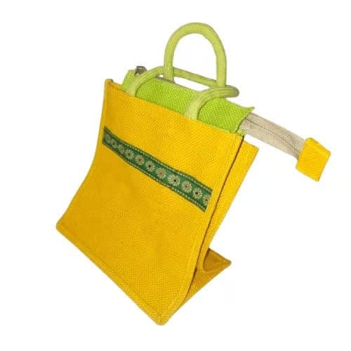 Vibrant Yellow Eco-Friendly Jute Carry Bag with Green Handles view 3