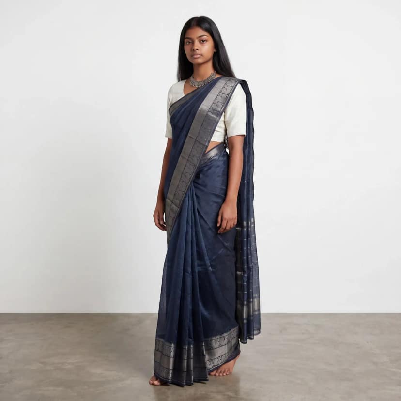 Steel Blue Mangalagiri Handloom Silk Saree with Temple Border view 2