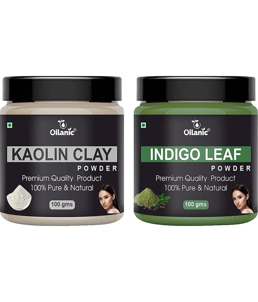 Oilanic 100% Pure Kaolin Clay Powder & Indigo Leaf Powder For Skin Hair Mask 200 g Pack of 2