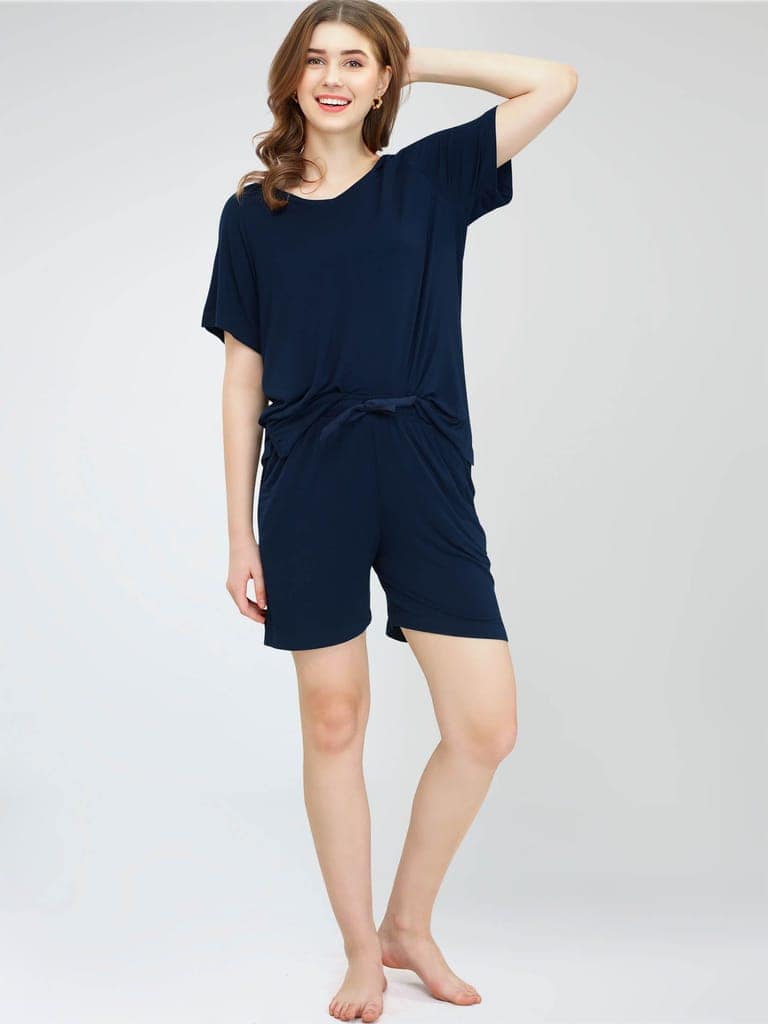 ZEYO Women's Viscose Blue Solid Plain Night Suit Set of Top & Shorts view 4