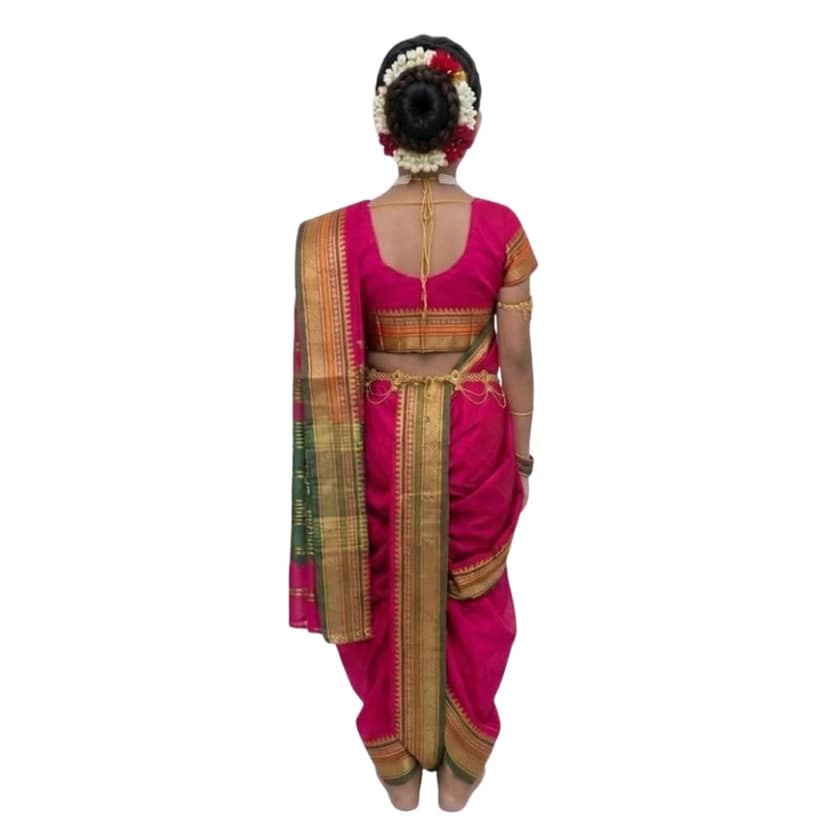 Mom and Me Girls' Ready-to-Wear Mastani Nauwari Saree with Stitched Blouse | Traditional Maharashtrian Ilkal Border | Soft Acrylic Cotton | Age 12 Months to 15 Years (Pink, 9-10 Years) view 2
