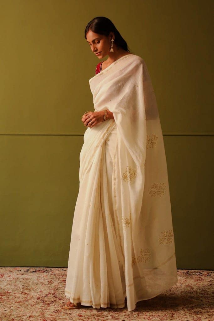 Saba Off-White Crewel Embroidered Persian Flower Saree view 3