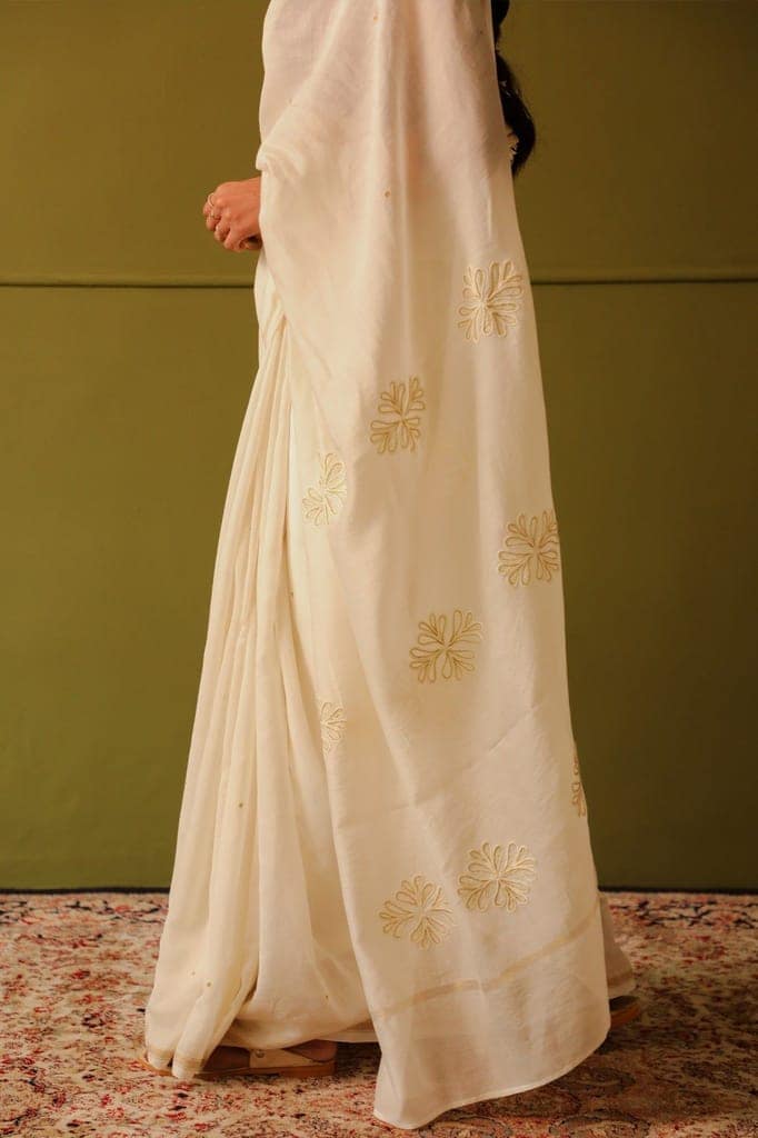 Saba Off-White Crewel Embroidered Persian Flower Saree view 4