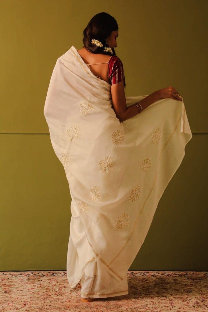 Saba Off-White Crewel Embroidered Persian Flower Saree view 5