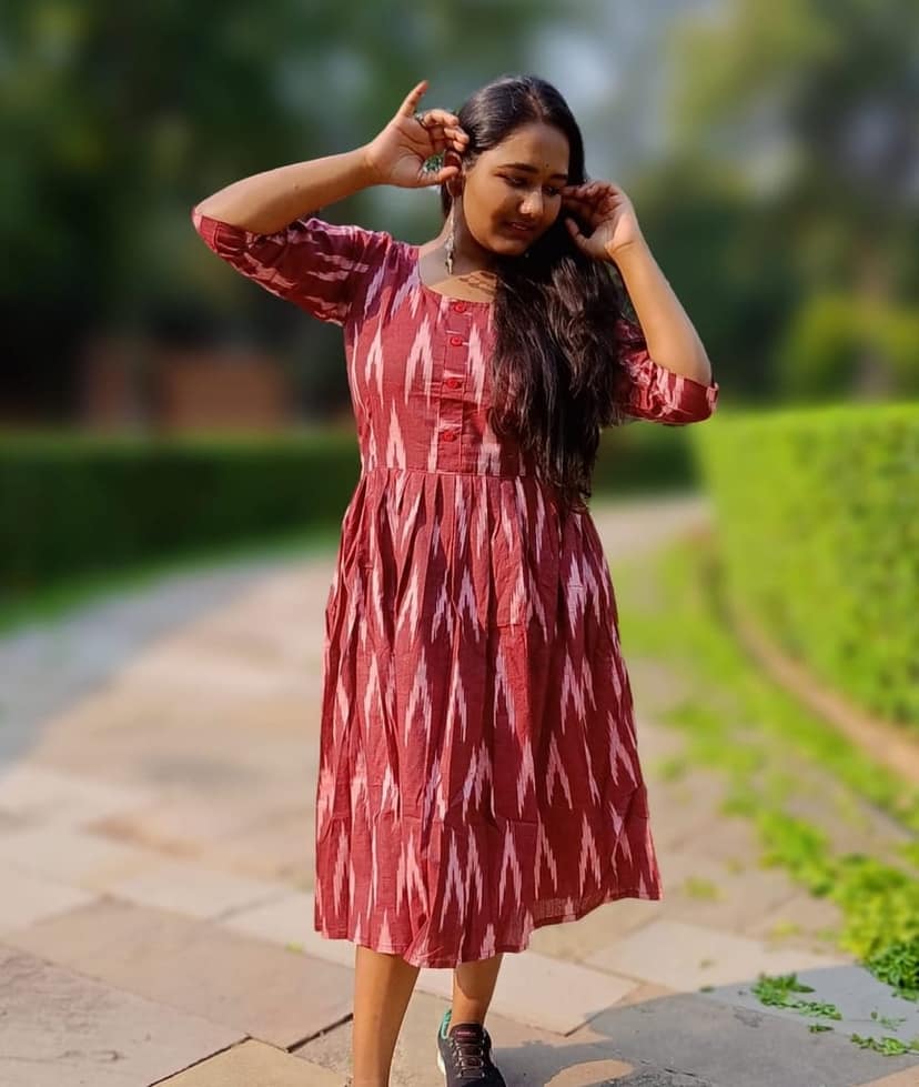 Pure Cotton Ikkat Dress Reddish Brown Color (Size XXS(32) to Plus Size(56))-5091 view 3