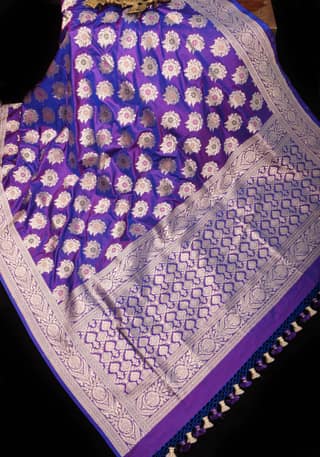 Purple and Blue Dual Tone Banarasi Pure Katan Silk Saree With Meenakari Floral Zari Motifs | SILK MARK CERTIFIED