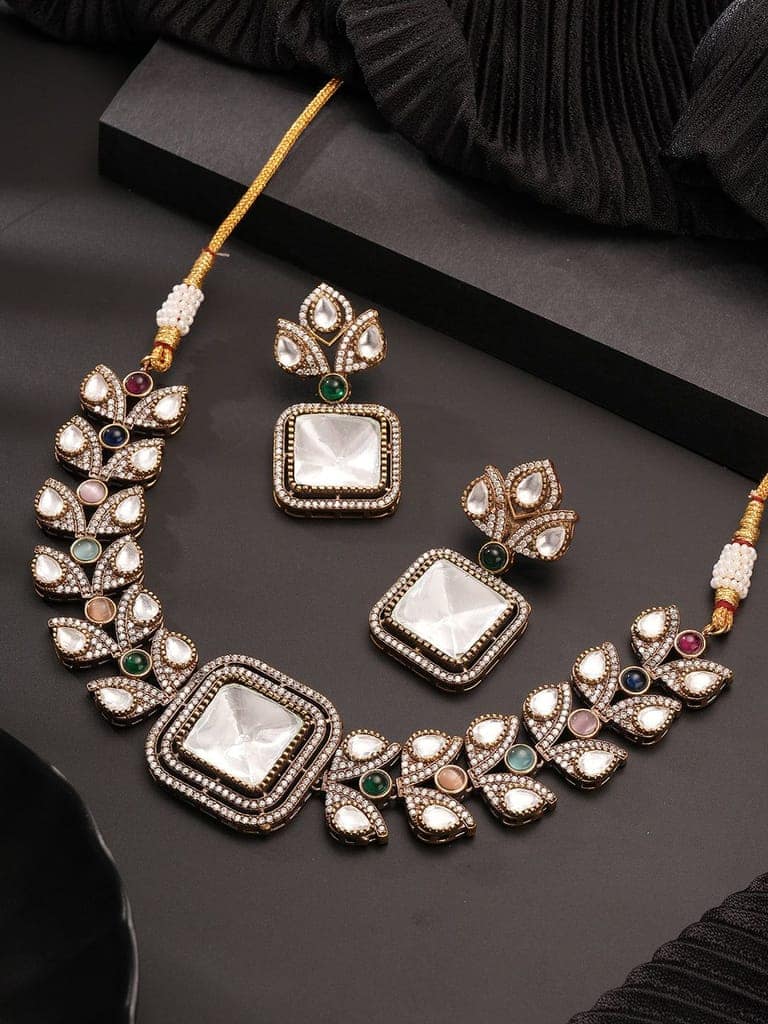 Oxidised Silver Toned Polki Kundan Studded Leafy Minimal Designer Choker Jewellery Set view 3