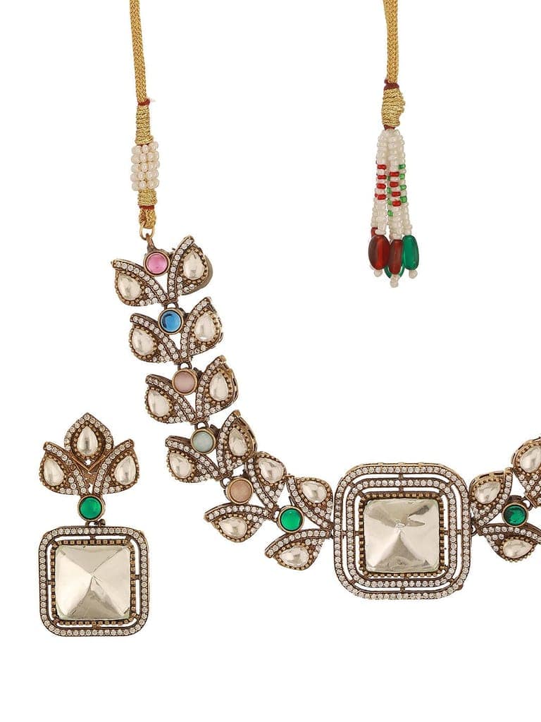 Oxidised Silver Toned Polki Kundan Studded Leafy Minimal Designer Choker Jewellery Set view 8