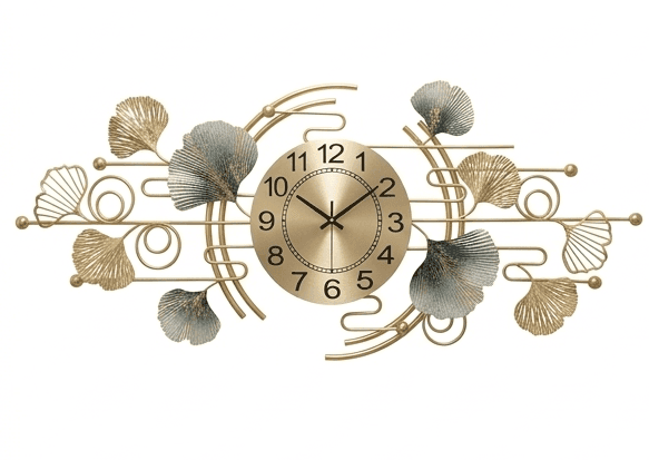 Royal Ginkgo Horizontal Wall Clock – Handcrafted Botanical Metal Art in Azure & Gold