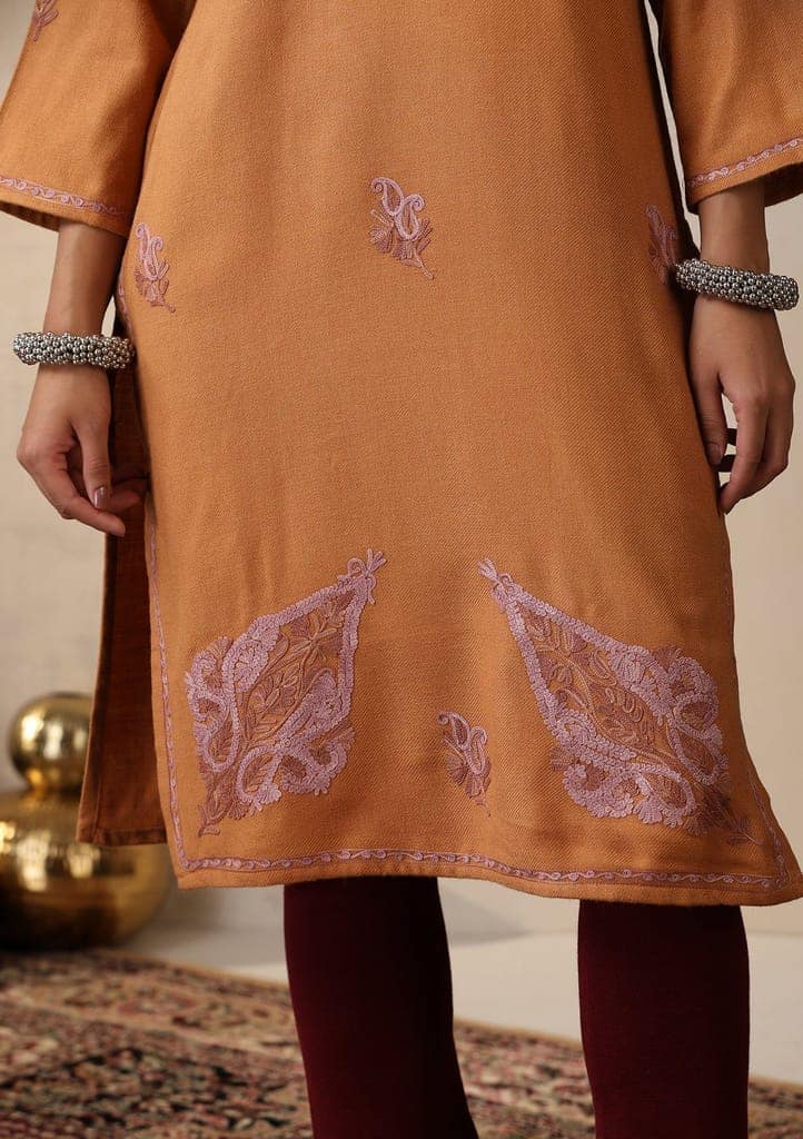 HOC Crafts Aari Embroidered Woollen Solid Women's Long Kurta - Rust view 7
