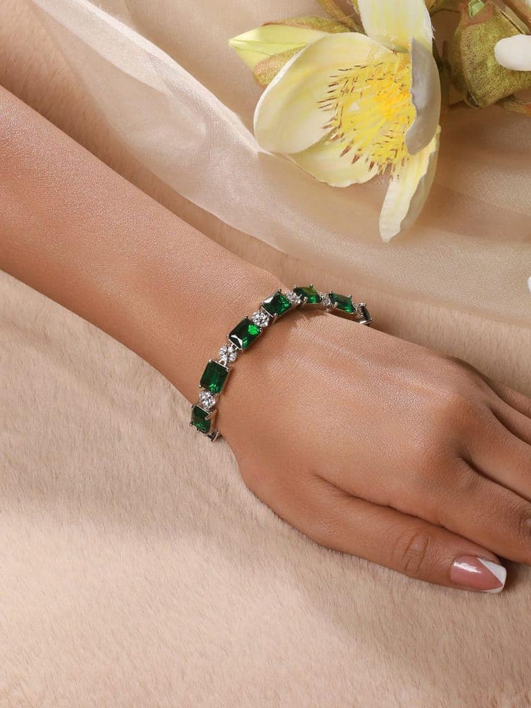 Silver Toned Emarald Green CZ Studded Minimal Link Tennis Bracelet view 2