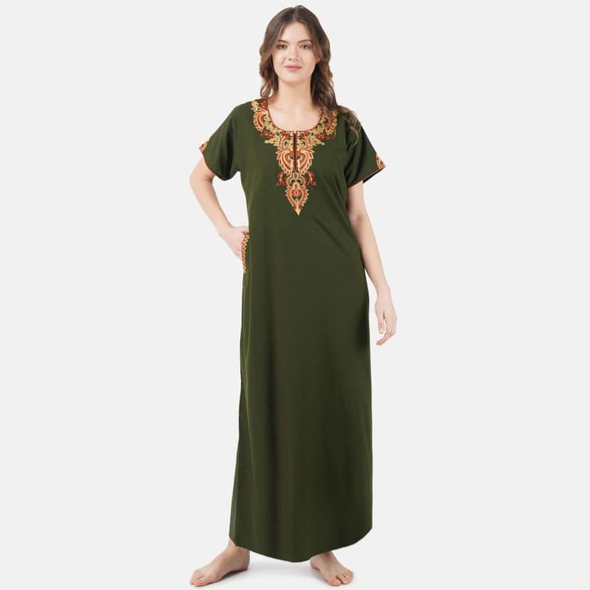 KOI SLEEPWEAR Women's Cotton Blend Cream Embroidered Maxi Length Nightgown (Mehendi Green, 2XL/3XL) view 2