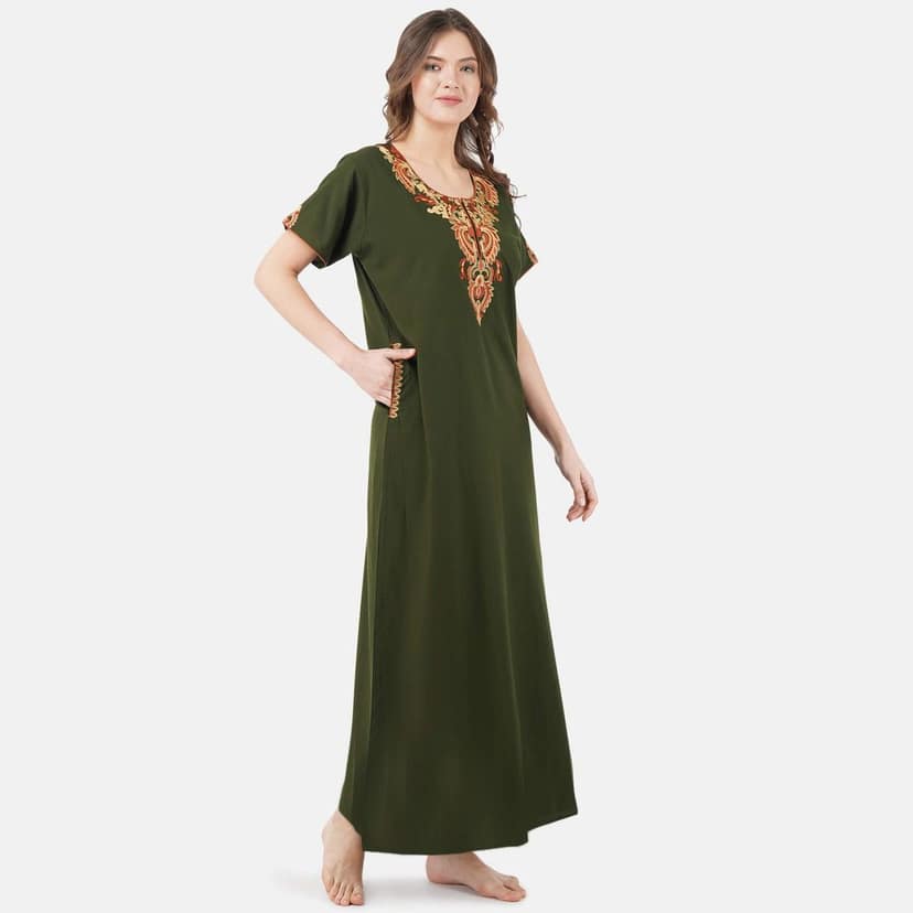 KOI SLEEPWEAR Women's Cotton Blend Cream Embroidered Maxi Length Nightgown (Mehendi Green, 2XL/3XL) view 4