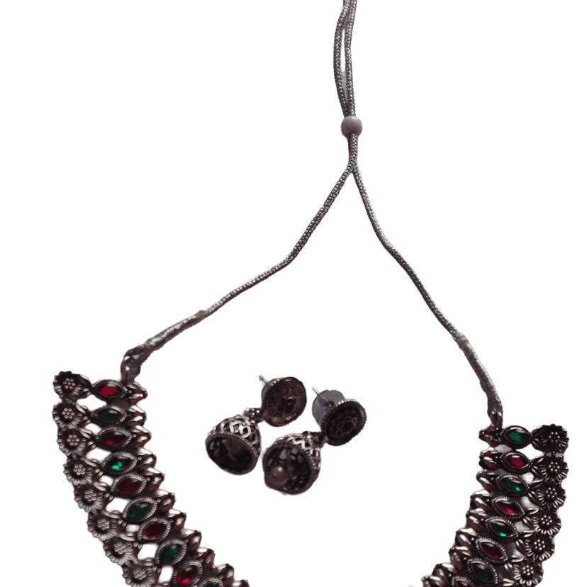 Oxidized Silver Choker Necklace with Red and Green Stones view 2