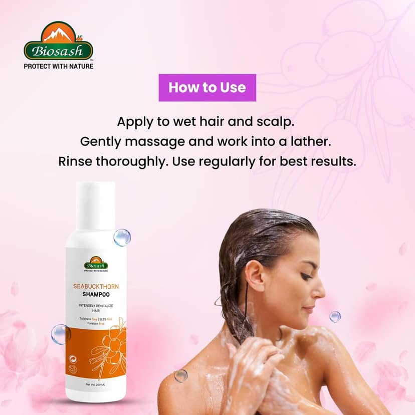 Biosash Sea Buckthorn Shampoo | Sulphate-Free Herbal Formula with Natural Sea Buckthorn Oil for Nourished, Strong, Smooth, and Healthy Hair | Gentle, Chemical-Free Hair Care for All Hair Types view 3