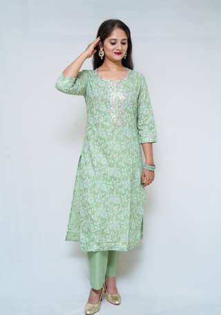 Women's cotton hand block printed pishta green straight kurta with pant
