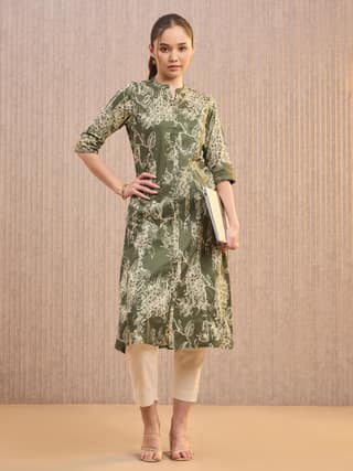 Olive Green Pure Cotton Foil Printed Kuti With Sequins Embroidery