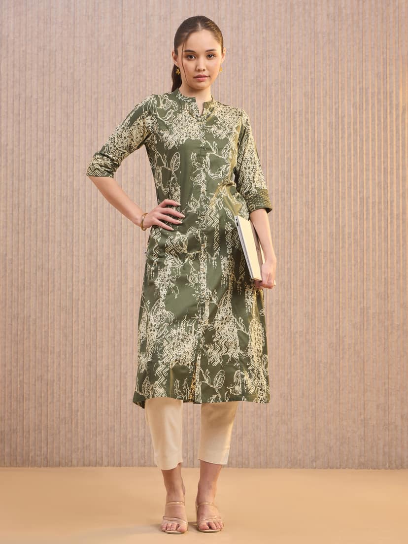 Olive Green Pure Cotton Foil Printed Kuti With Sequins Embroidery