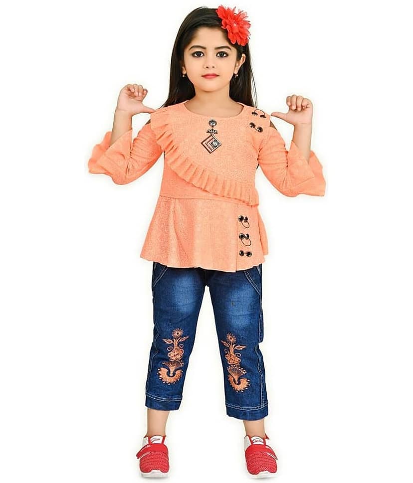 IMON BASID Pack of 1 Girls Linen Top With Jeans ( Orange )
