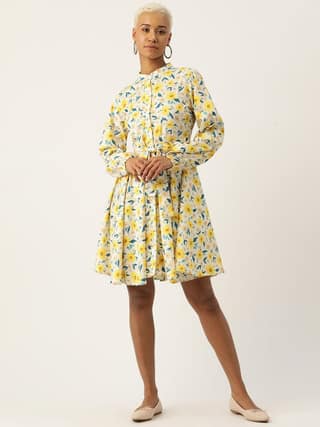 Floral Print Puff Sleeve Crepe A-Line Dress