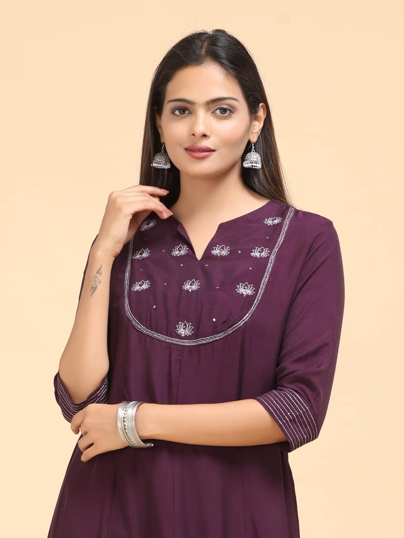 Wine Berry viscose kurti with embroidery and sequins work view 2