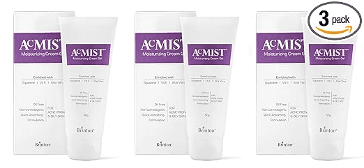 Brinton AcMist Vitamin E & Aloe Vera Based Moisturizing Cream Gel for Acne Prone and Oily Skin | Oil Free Quick Absorbing & Lightweight | 50 g x Pack of 3