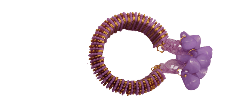 Gold and purple traditional Indian bracelet with hanging bells view 2