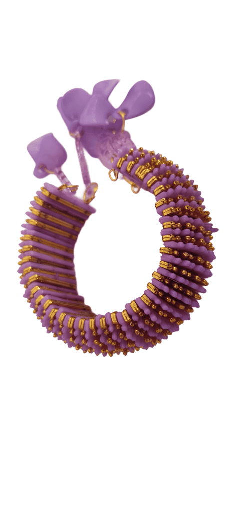 Gold and purple traditional Indian bracelet with hanging bells view 3