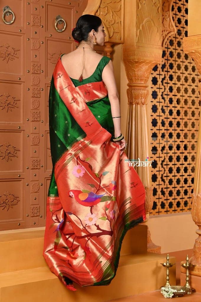 Shubh~ Pure Silk Muniya Paithani - with Exclusive Parrot Pallu in Bestselling Royal Green view 4