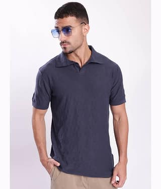 Bene Kleed Men Cotton Blend Regular Fit Self Design Polo T Shirt ( Navy Blue )