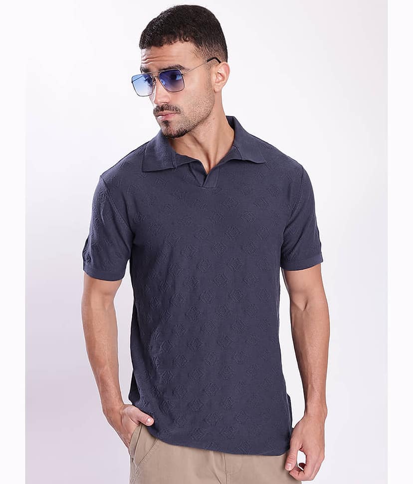 Bene Kleed Men Cotton Blend Regular Fit Self Design Polo T Shirt ( Navy Blue )