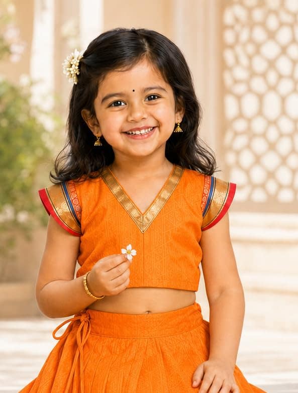 Mom and Me Girls’ Lehenga Choli/Parker Polka/Pattu Pavadai (0 Months–6 Years) | Acrylic Cotton with Soft Cotton Lining | V-Neck, Short Puff Sleeves, Zipper Closure (Yellow, 0-3 M) view 2