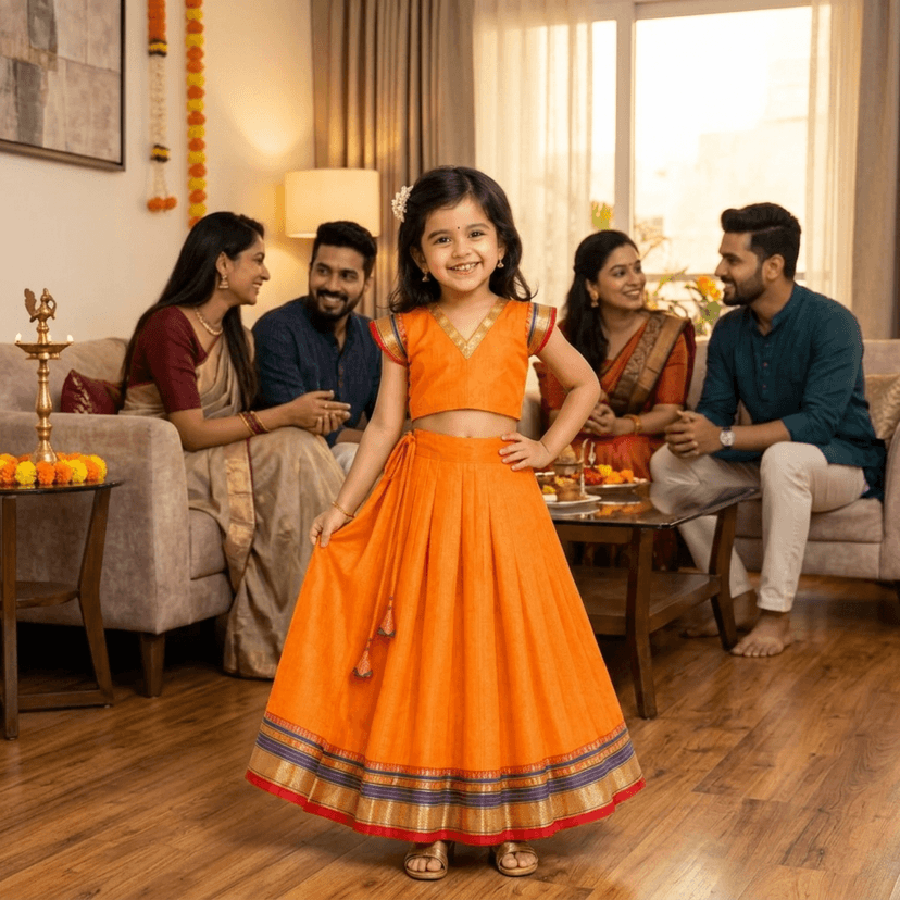 Mom and Me Girls’ Lehenga Choli/Parker Polka/Pattu Pavadai (0 Months–6 Years) | Acrylic Cotton with Soft Cotton Lining | V-Neck, Short Puff Sleeves, Zipper Closure (Yellow, 0-3 M) view 3