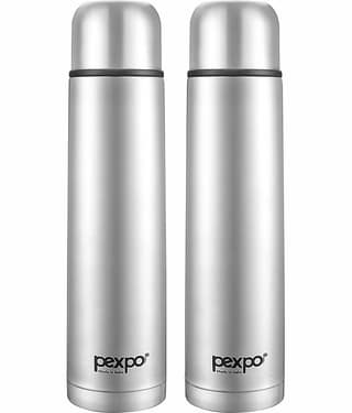Pexpo 500ml 24 Hrs Hot and Cold ISI Certified Flask with Jute-bag, Flamingo Vacuum insulated Bottle (Pack of 2, Silver)
