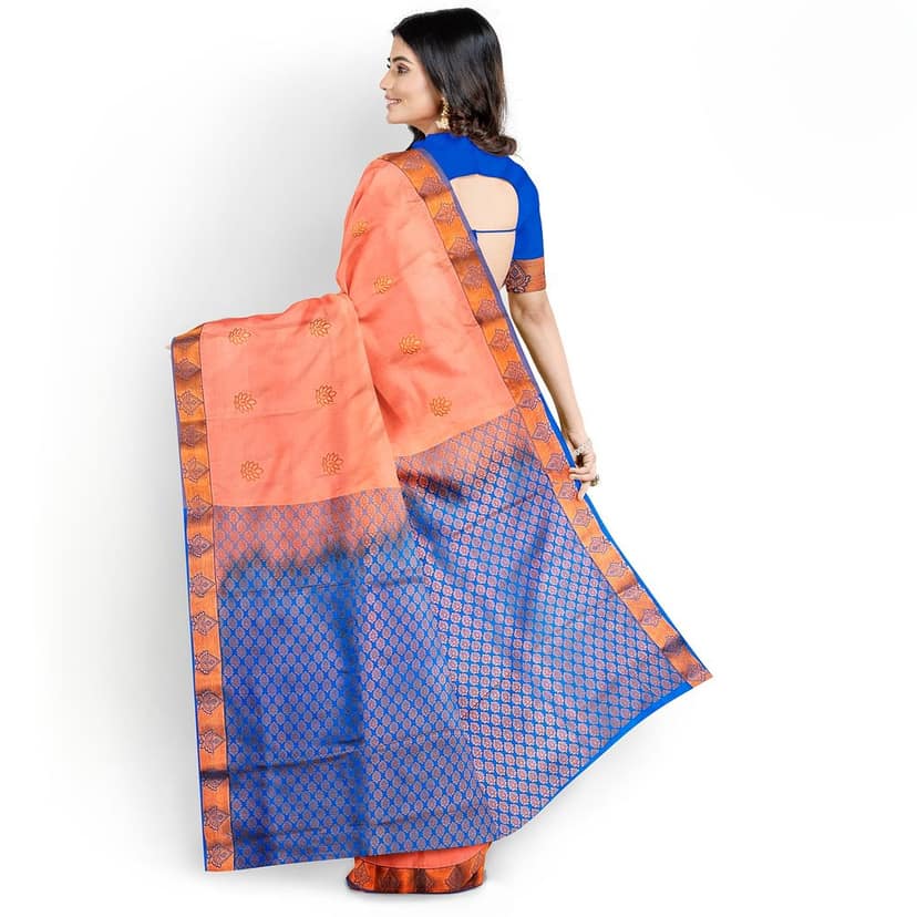 Peach with blue colored Pure soft silk Kanjivaram Silk Saree With Floral Butta Design view 2