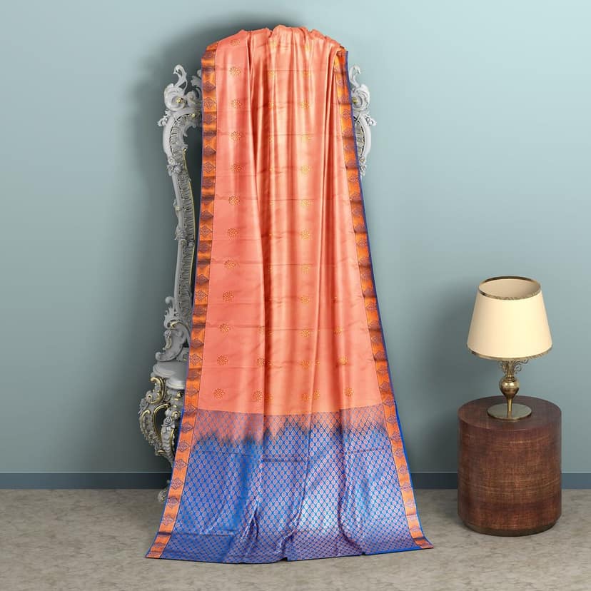 Peach with blue colored Pure soft silk Kanjivaram Silk Saree With Floral Butta Design view 3