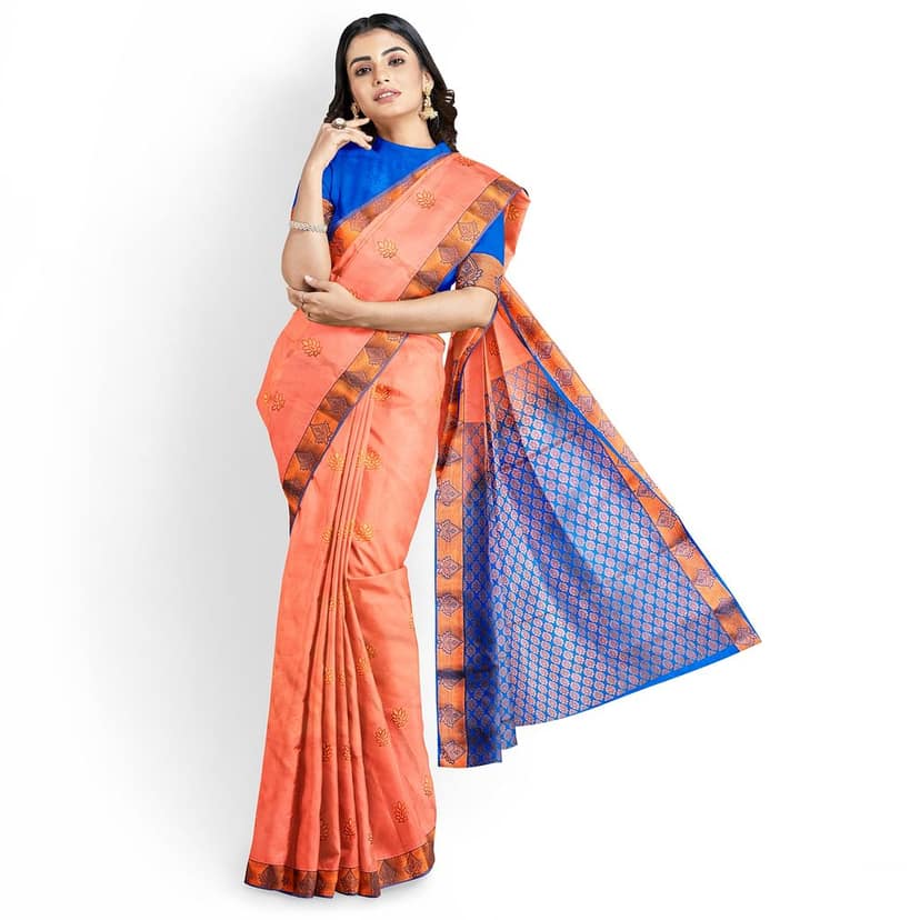 Peach with blue colored Pure soft silk Kanjivaram Silk Saree With Floral Butta Design view 5