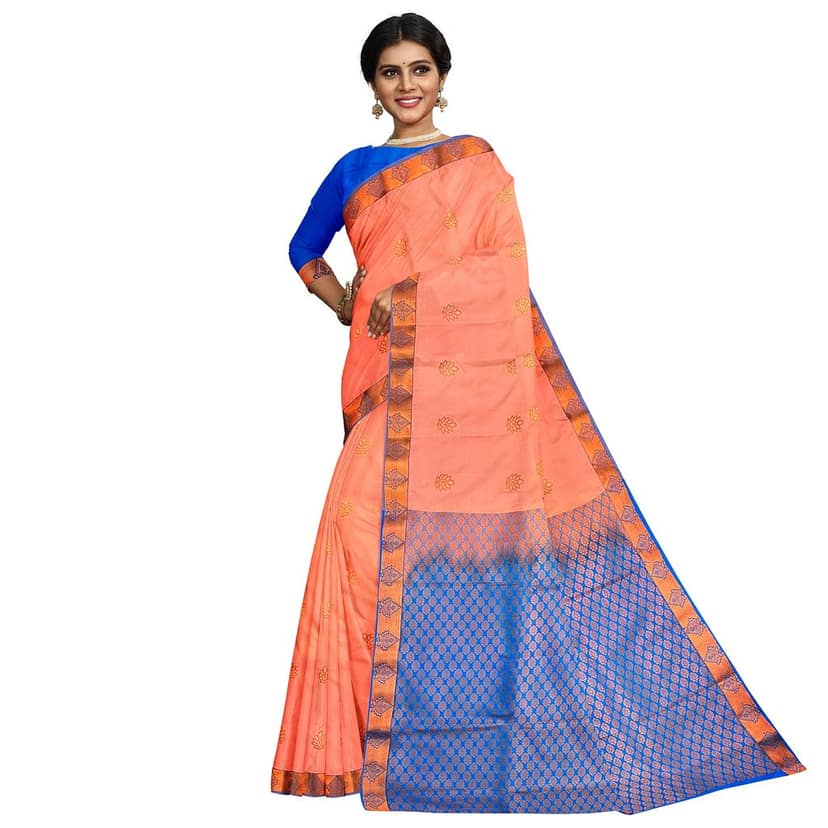 Peach with blue colored Pure soft silk Kanjivaram Silk Saree With Floral Butta Design view 6