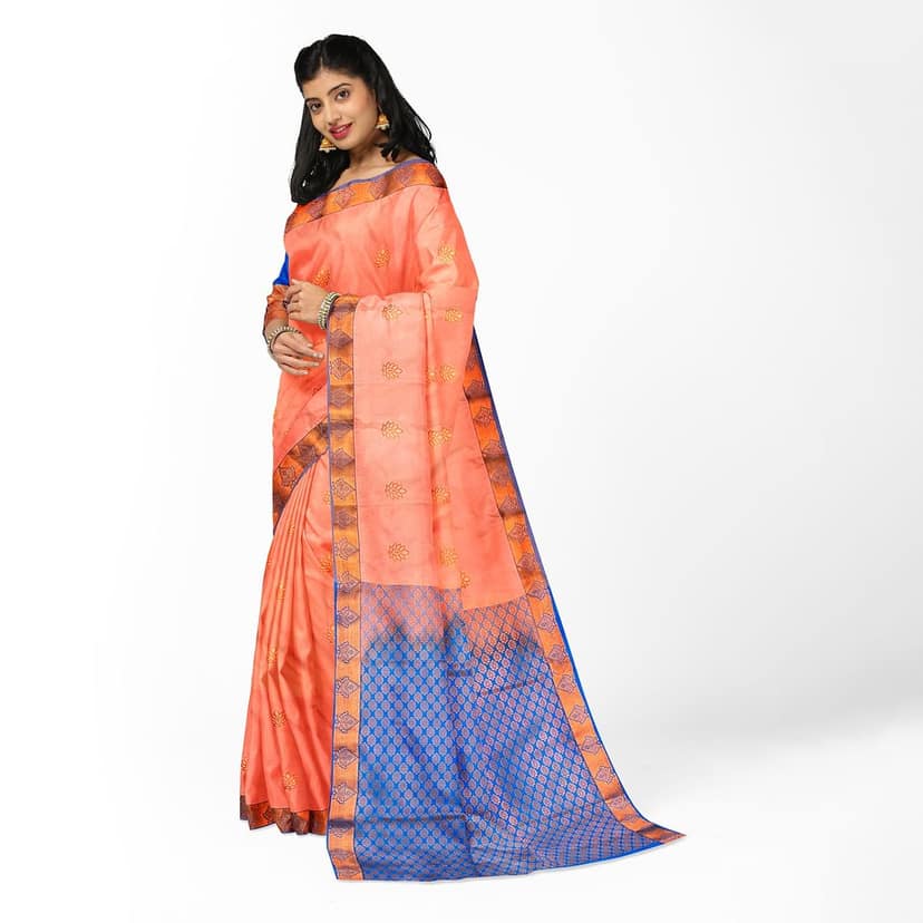 Peach with blue colored Pure soft silk Kanjivaram Silk Saree With Floral Butta Design view 7