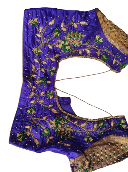 Peacock Embroidered Purple Silk Blouse With Zari Work view 2