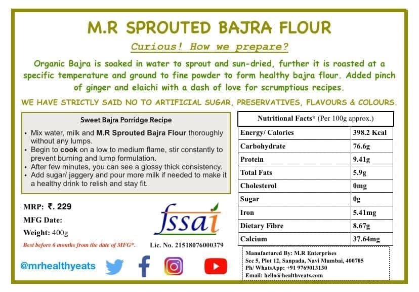 M.R Healthy Eats- Organic Sprouted Bajra Flour for Kids & Adults In Food-Grade Container 400 gms (+6 months) view 4