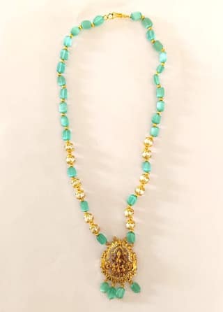 Traditional Gold Plated Lakshmi Pendant Necklace with Aqua & Pearl Beads