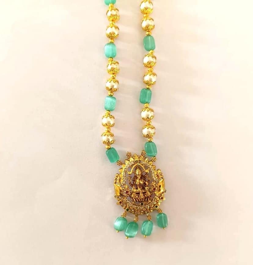 Traditional Gold Plated Lakshmi Pendant Necklace with Aqua & Pearl Beads view 2