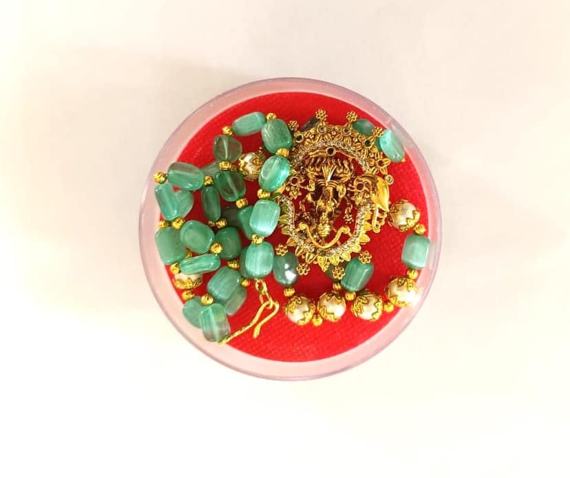 Traditional Gold Plated Lakshmi Pendant Necklace with Aqua & Pearl Beads view 3