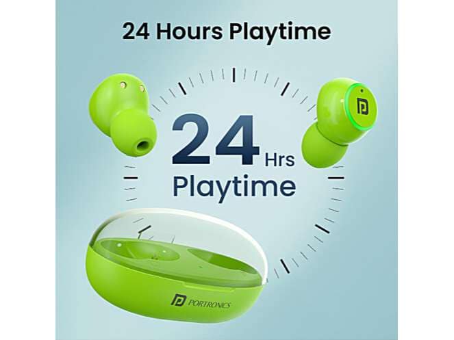 Portronics Harmonics Twins S13 Green, In Ear True Wireless Earbuds with Mic, 24H Playtime, Game/Music Mode, Touch Control, 8mm Driver view 2