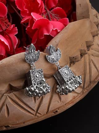 Cardinal Oxidized Silver Color Light Weight Jhumki Earrings