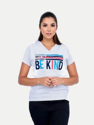 Women White Striped Half Sleeve Printed V Neck T-shirt